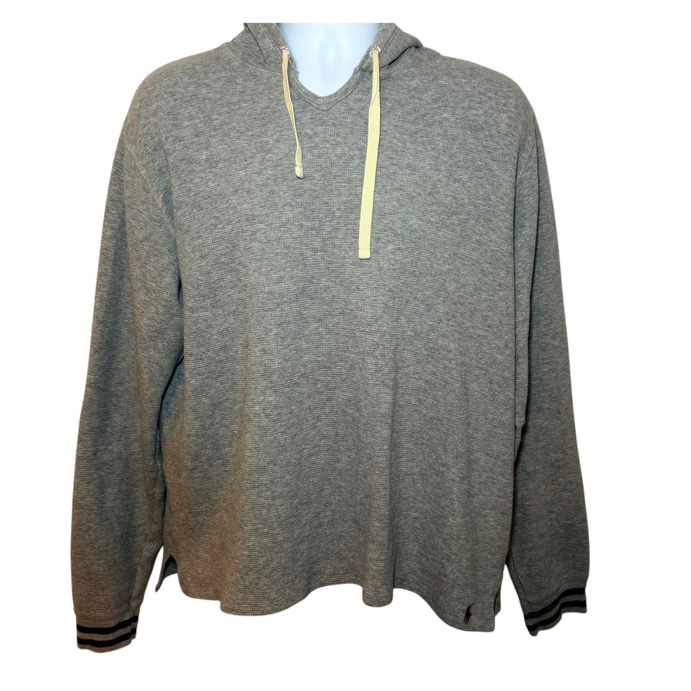 Polo Ralph Lauren Mens L Gray Waffle Knit Thermal Hoodie Striped Cuffs Pullover